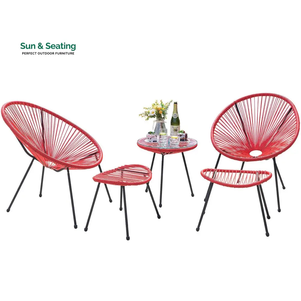 Intra Outdoor Patio Seating Set 2 Chairs 2 Ottoman and Table Set (Red) Coffee Table Sets