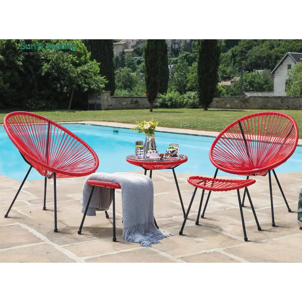 Intra Outdoor Patio Seating Set 2 Chairs 2 Ottoman and Table Set (Red) Coffee Table Sets