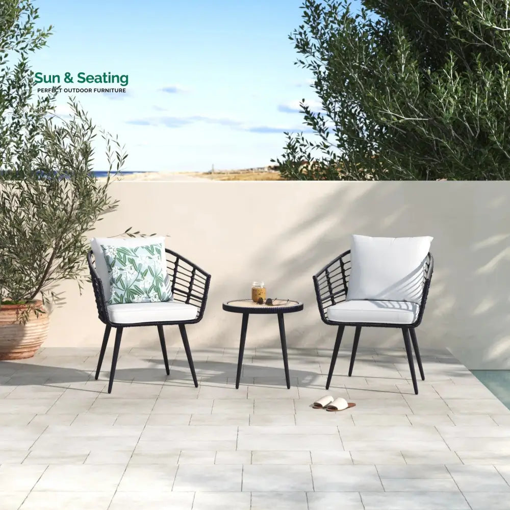 Irix Outdoor Patio Seating Set 2 Chairs and 1 Table Set (Black + White) Coffee Table Sets