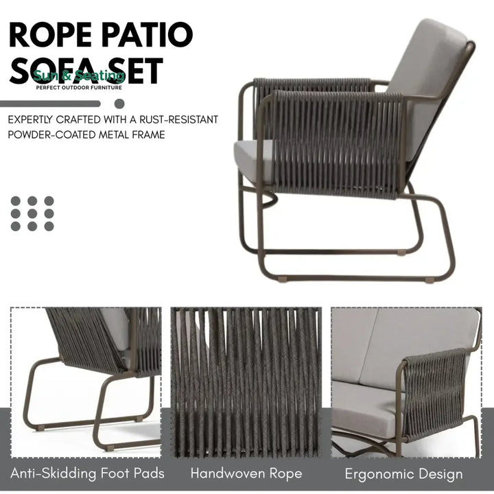 Isabeau Outdoor Rope Loveseat Sofa Set With Wooden Top Table Sofa Set