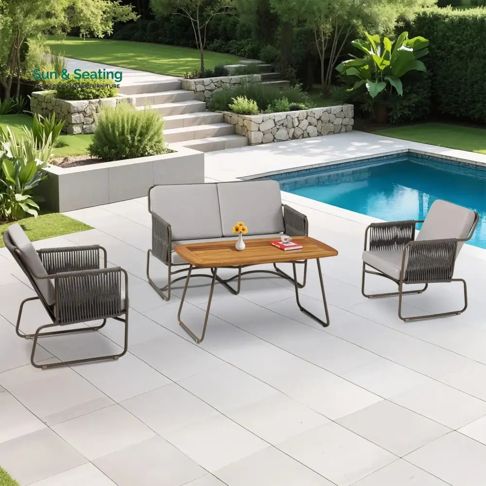 Isabeau Outdoor Rope Loveseat Sofa Set With Wooden Top Table Sofa Set