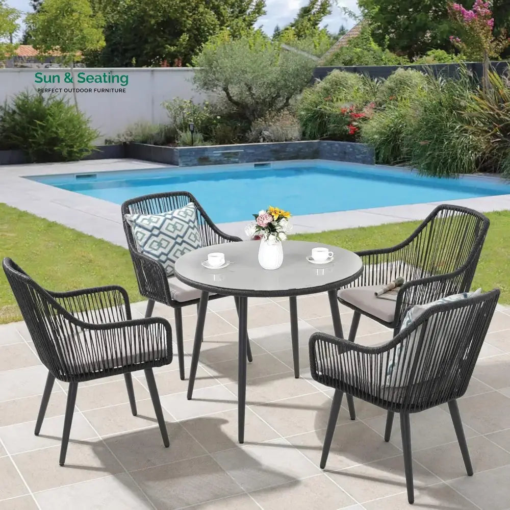 Isolde 5-Piece Outdoor Rope Patio Dining Set With Glass Top Table Dining Set
