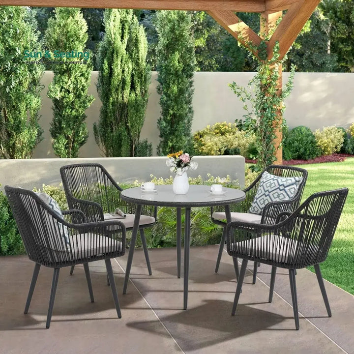 Isolde 5-Piece Outdoor Rope Patio Dining Set With Glass Top Table Dining Set