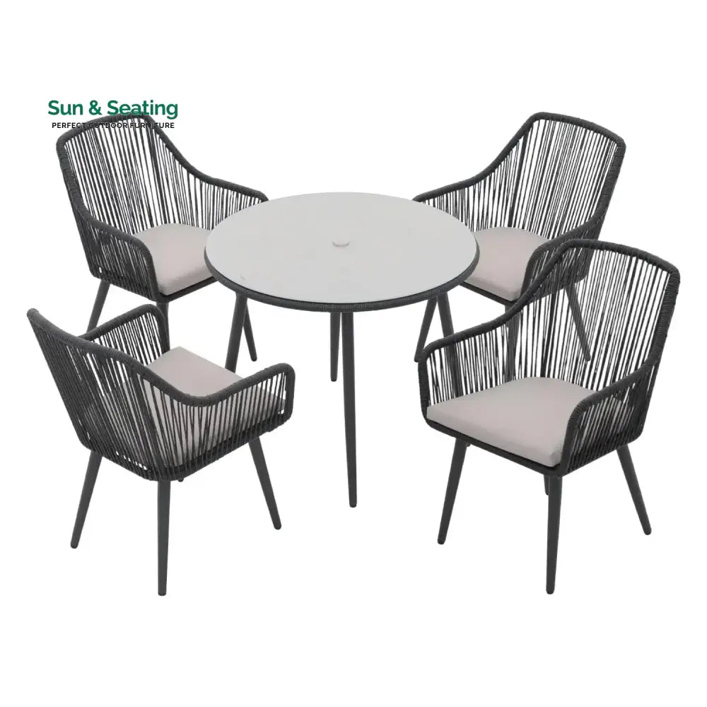 Isolde 5-Piece Outdoor Rope Patio Dining Set With Glass Top Table Dining Set