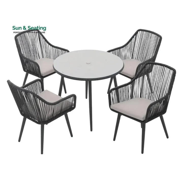 Isolde 5-Piece Outdoor Rope Patio Dining Set With Glass Top Table Dining Set