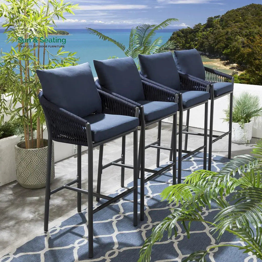 Ivette Outdoor Patio Bar Chair 4 Chairs For Balcony Braided &amp; Rope Blue Bar Sets