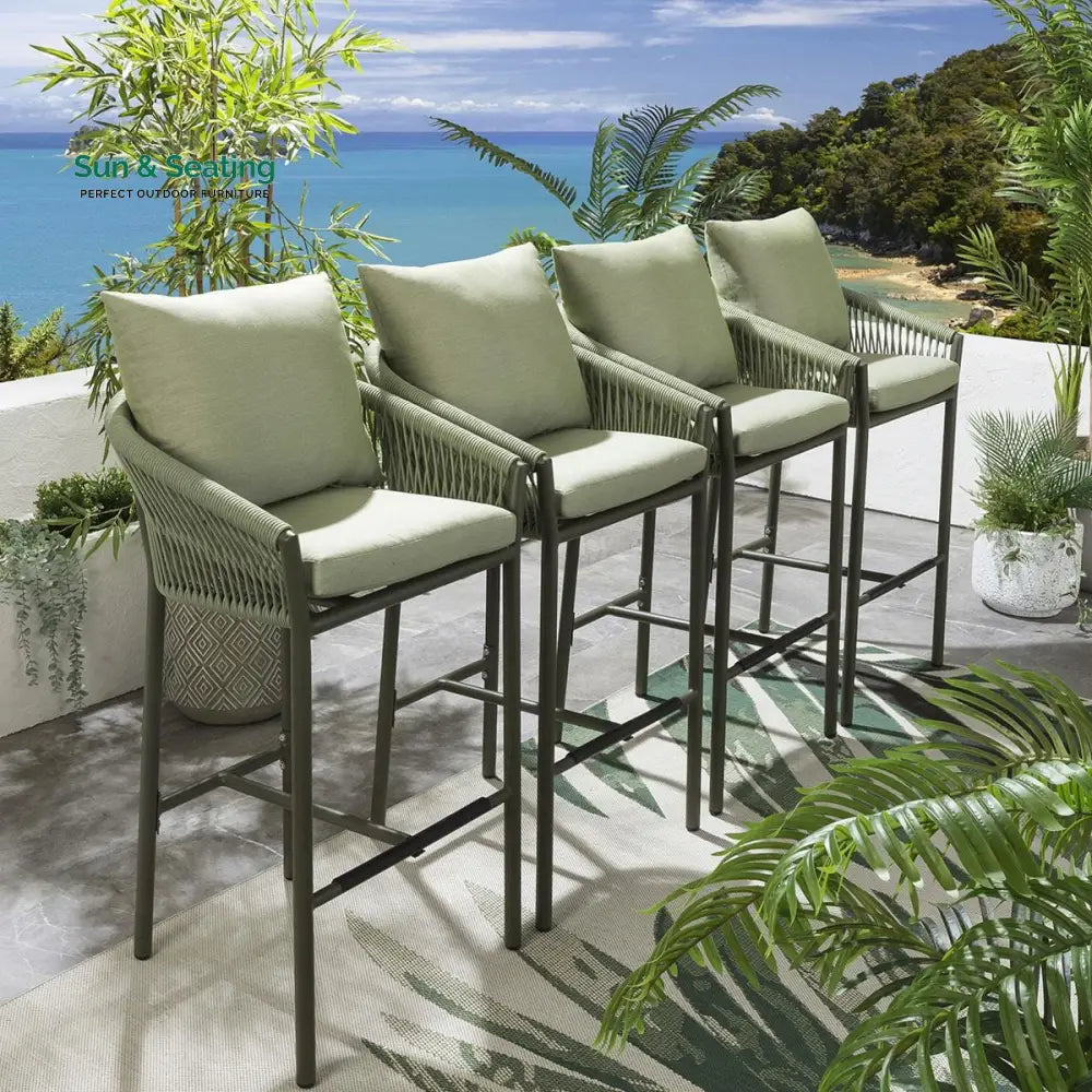 Ivette Outdoor Patio Bar Chair 4 Chairs For Balcony Braided &amp; Rope Green Bar Sets