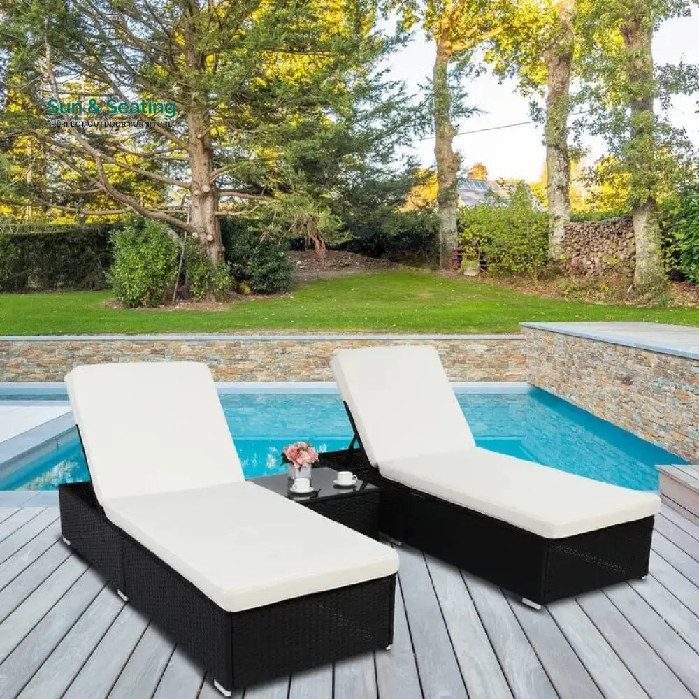 Jean Outdoor Swimming Poolside Lounger (Set of 2) With 1 Side Table (Black +White) Loungers