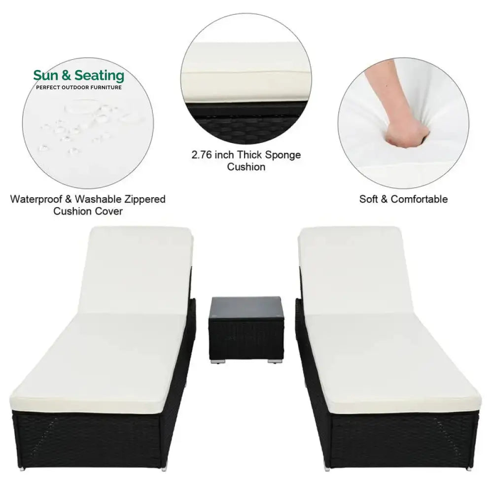 Jean Outdoor Swimming Poolside Lounger (Set of 2) With 1 Side Table (Black +White) Loungers