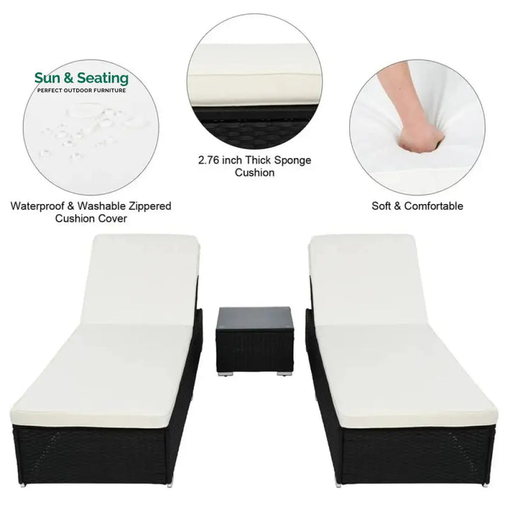 Jean Outdoor Swimming Poolside Lounger (Set of 2) With 1 Side Table (Black +White) Loungers