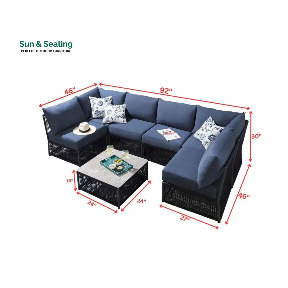 Jerez Outdoor Sofa Set 6 Seater and 1 Center Table Set (Blue) Braided & Rope Sofa Sets