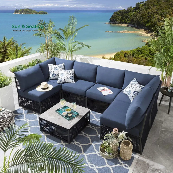 Jerez Outdoor Sofa Set 6 Seater and 1 Center Table Set (Blue) Braided &amp; Rope Sofa Sets