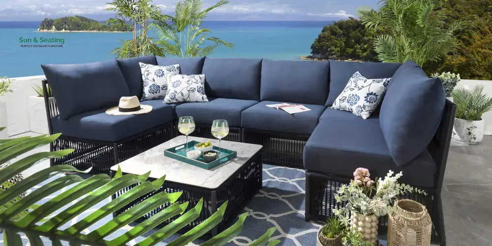 Jerez Outdoor Sofa Set 6 Seater and 1 Center Table Set (Blue) Braided &amp; Rope Sofa Sets