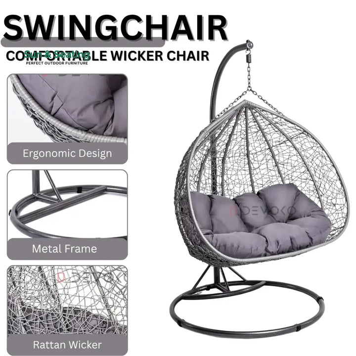 Jiao Double Seater Rattan &amp; Wicker Swing (Grey) Swing