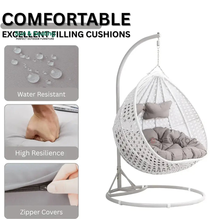 Jin Double Seater Rattan &amp; Wicker Swing (White &amp; Grey) Swing