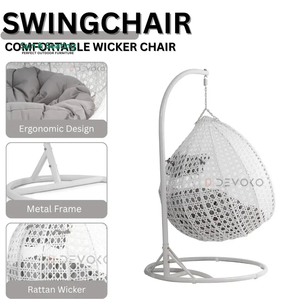 Jin Double Seater Rattan &amp; Wicker Swing (White &amp; Grey) Swing