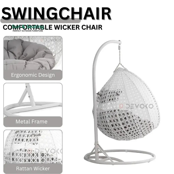 Jin Double Seater Rattan &amp; Wicker Swing (White &amp; Grey) Swing