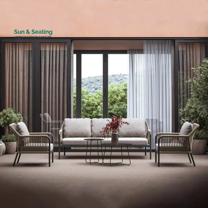 Jisax Outdoor Garden Balcony Sofa Set 3 Seater,2 Single seater and 2 Center Table Set (Tan) Braided and Rope Sofa Sets