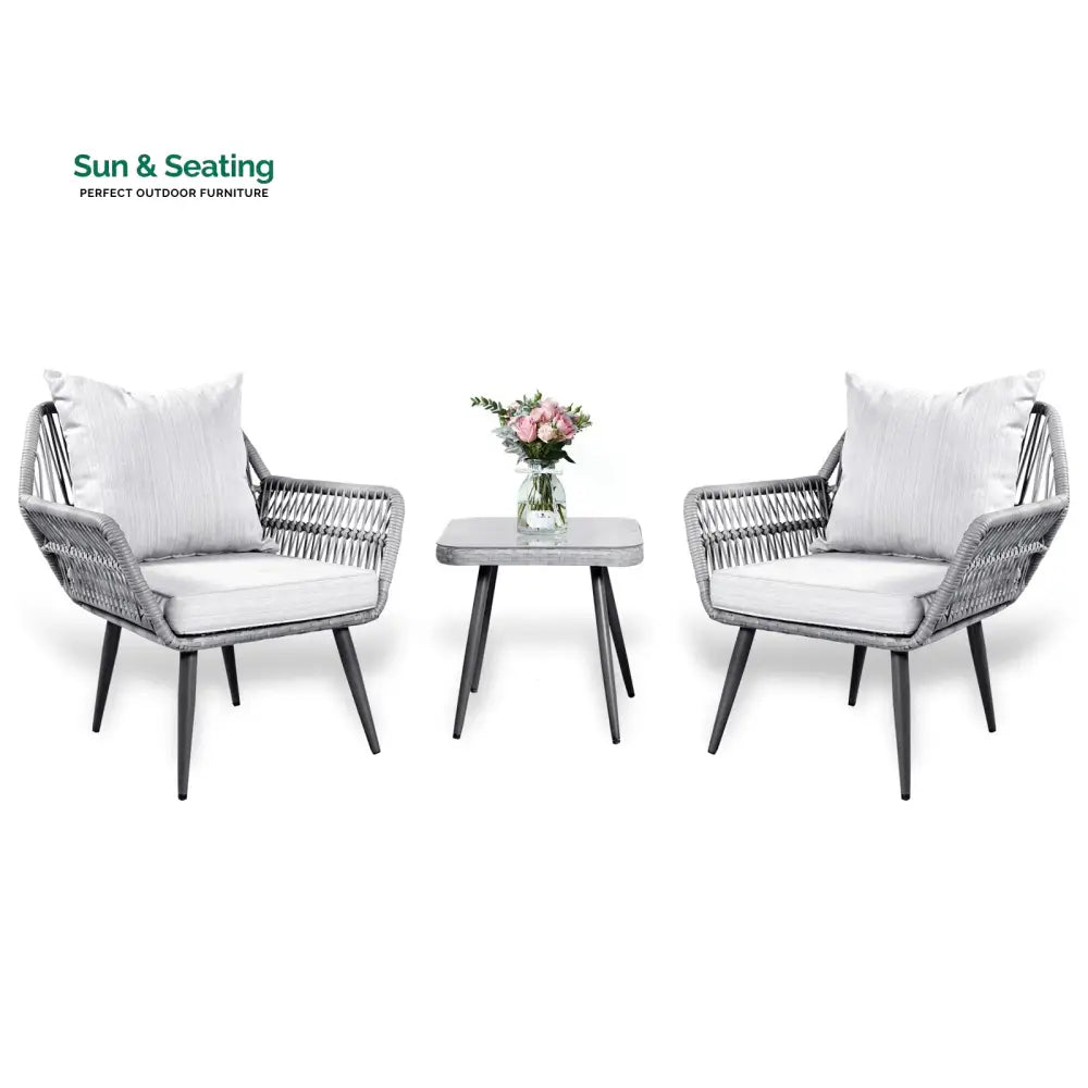 Jkenas Outdoor Patio Seating Set 2 Chairs and 1 Table Set (Grey) Braided &amp; Rope Coffee Table Sets