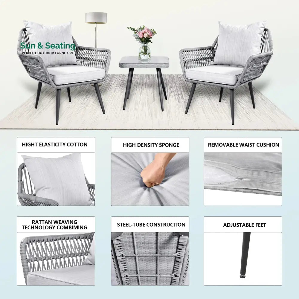 Jkenas Outdoor Patio Seating Set 2 Chairs and 1 Table Set (Grey) Braided &amp; Rope Coffee Table Sets