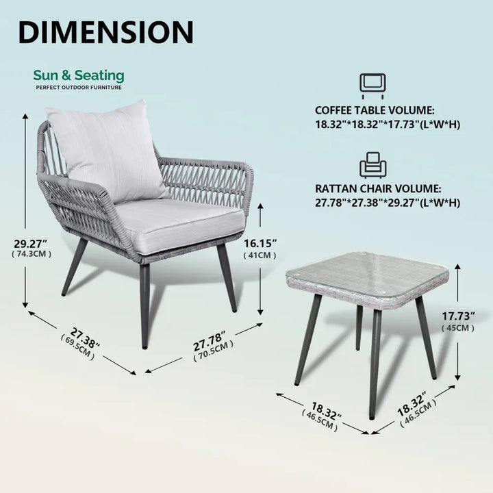 Jkenas Outdoor Patio Seating Set 2 Chairs and 1 Table Set (Grey) Braided &amp; Rope Coffee Table Sets