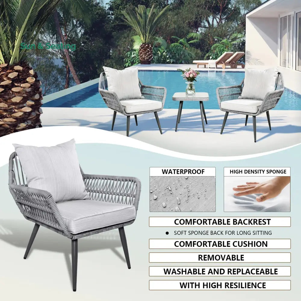 Jkenas Outdoor Patio Seating Set 2 Chairs and 1 Table Set (Grey) Braided &amp; Rope Coffee Table Sets