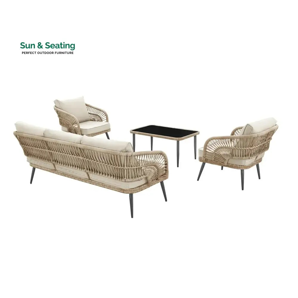 Juno Outdoor Rope Conversation Patio Sofa Set (Beige/Cream) Sofa Set