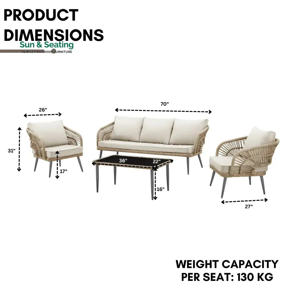 Juno Outdoor Rope Conversation Patio Sofa Set (Beige/Cream) Sofa Set