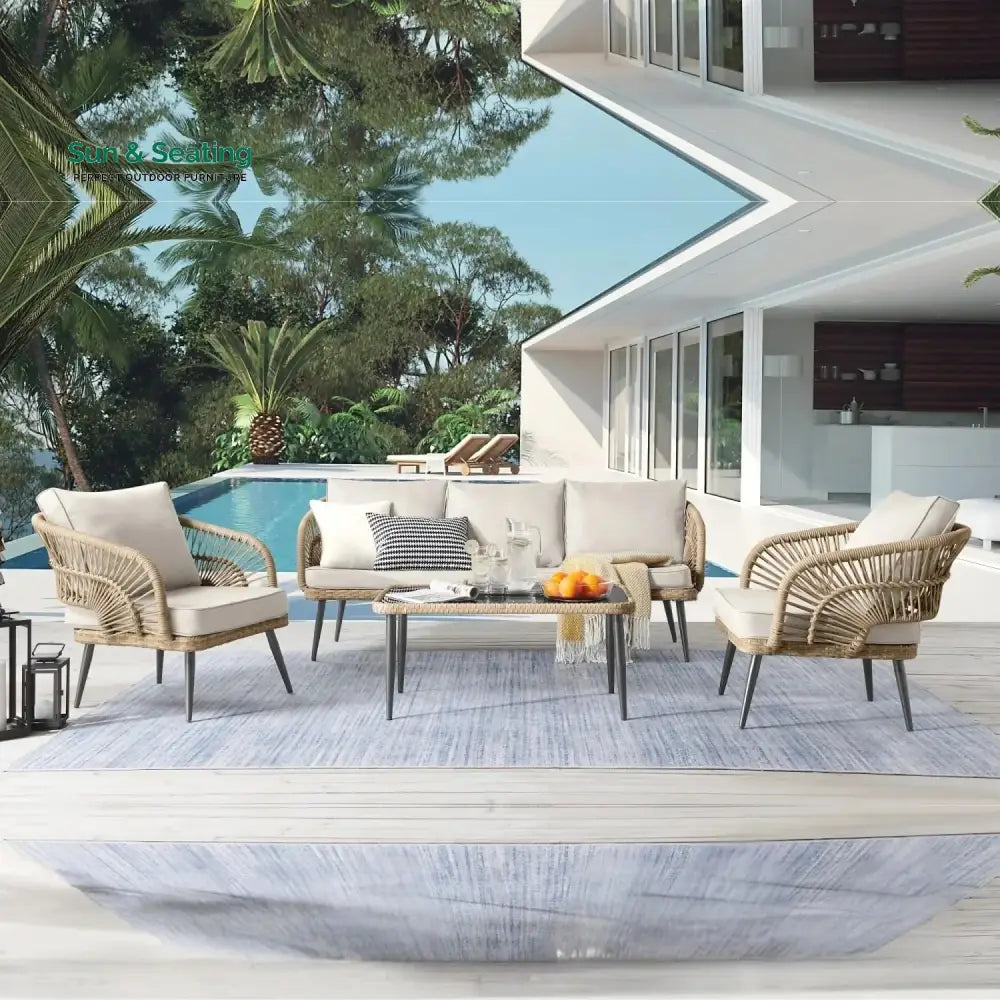 Juno Outdoor Rope Conversation Patio Sofa Set (Beige/Cream) Sofa Set