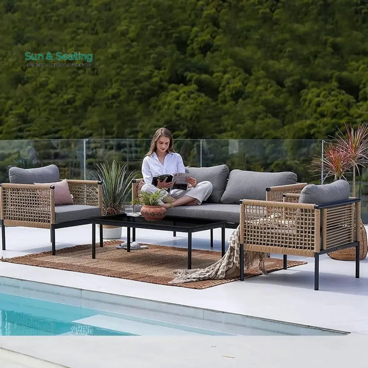 Kaia Outdoor Rope 4 Piece Sofa Set (Beige &amp; Grey) Sofa Set