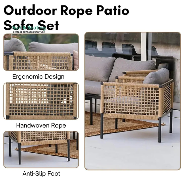 Kaia Outdoor Rope 4 Piece Sofa Set (Beige &amp; Grey) Sofa Set