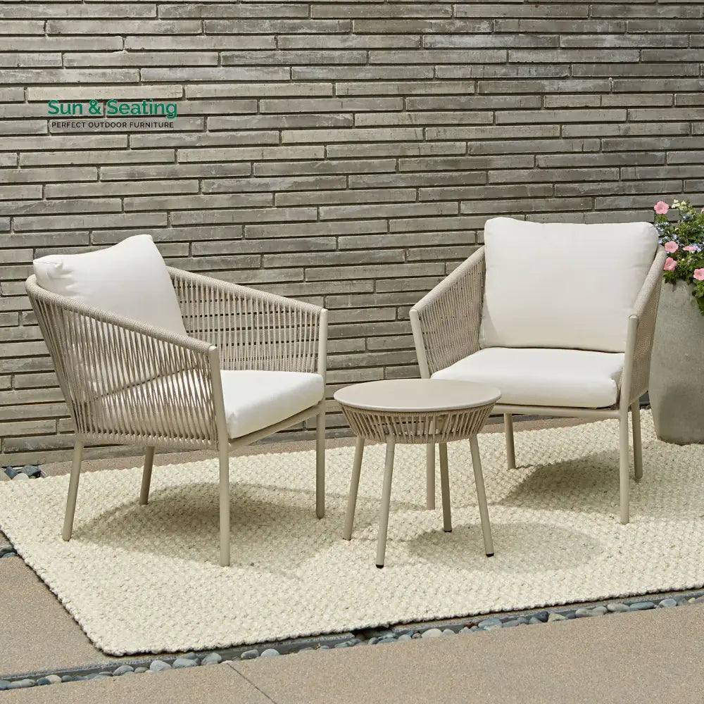 Kalpa Outdoor Patio Seating Set 2 Chairs and 1 Table Set (Beige) Braided &amp; Rope Coffee Table Sets