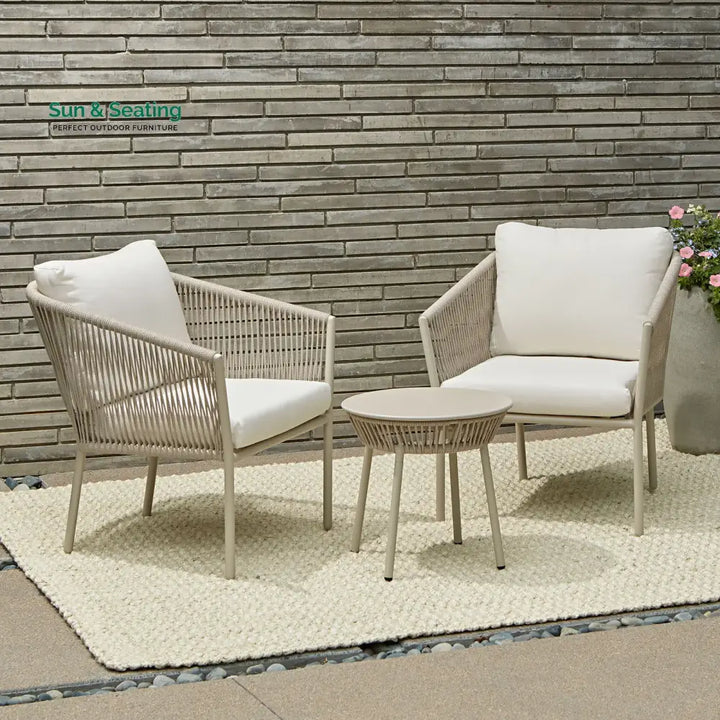 Kalpa Outdoor Patio Seating Set 2 Chairs and 1 Table Set (Beige) Braided &amp; Rope Coffee Table Sets