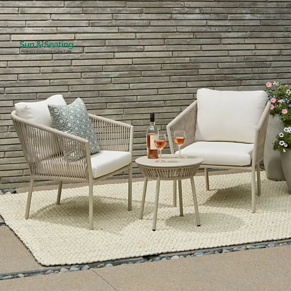Kalpa Outdoor Patio Seating Set 2 Chairs and 1 Table Set (Beige) Braided &amp; Rope Coffee Table Sets