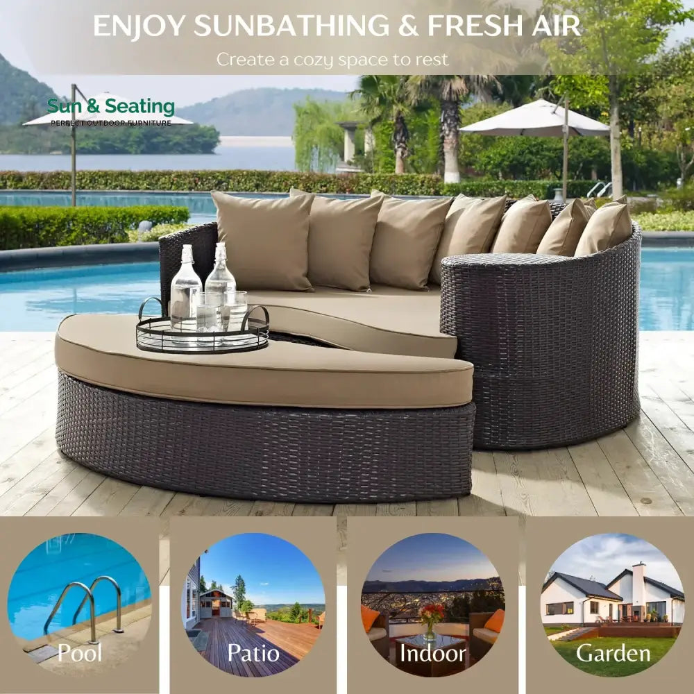 Karola Outdoor Rattan Wicker Daybed (Dark Brown &amp; Beige) Daybed