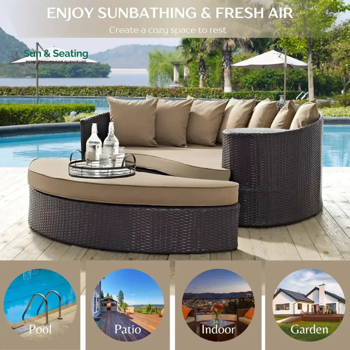 Karola Outdoor Rattan Wicker Daybed (Dark Brown &amp; Beige) Daybed