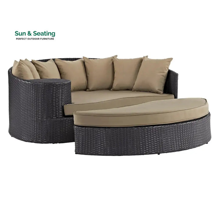 Karola Outdoor Rattan Wicker Daybed (Dark Brown &amp; Beige) Daybed