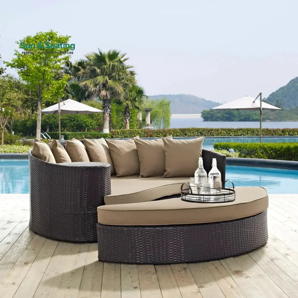 Karola Outdoor Rattan Wicker Daybed (Dark Brown &amp; Beige) Daybed