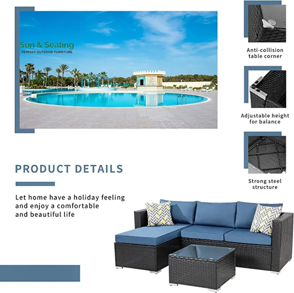 Kelo Outdoor Patio Sofa Set 3 Seater 1 ottoman and 1 Center Table Set (Black + Navy Blue) Sofa Sets