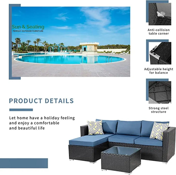 Kelo Outdoor Patio Sofa Set 3 Seater 1 ottoman and 1 Center Table Set (Black + Navy Blue) Sofa Sets