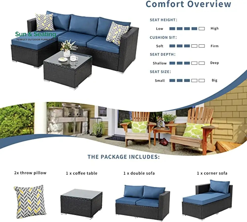 Kelo Outdoor Patio Sofa Set 3 Seater 1 ottoman and 1 Center Table Set (Black + Navy Blue) Sofa Sets