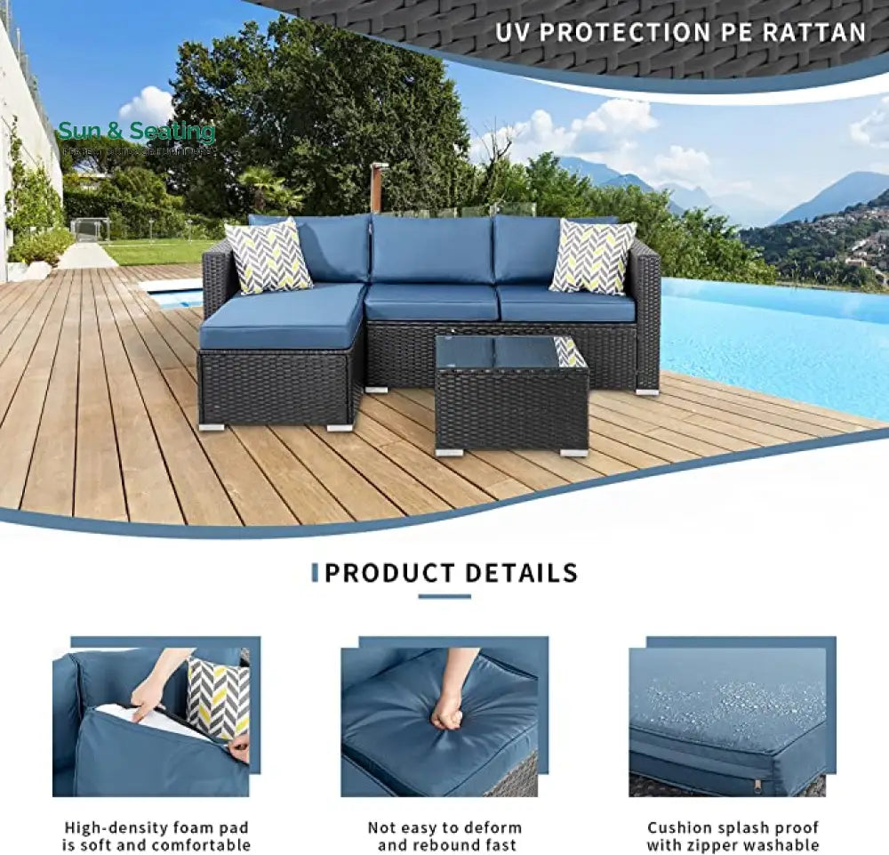 Kelo Outdoor Patio Sofa Set 3 Seater 1 ottoman and 1 Center Table Set (Black + Navy Blue) Sofa Sets