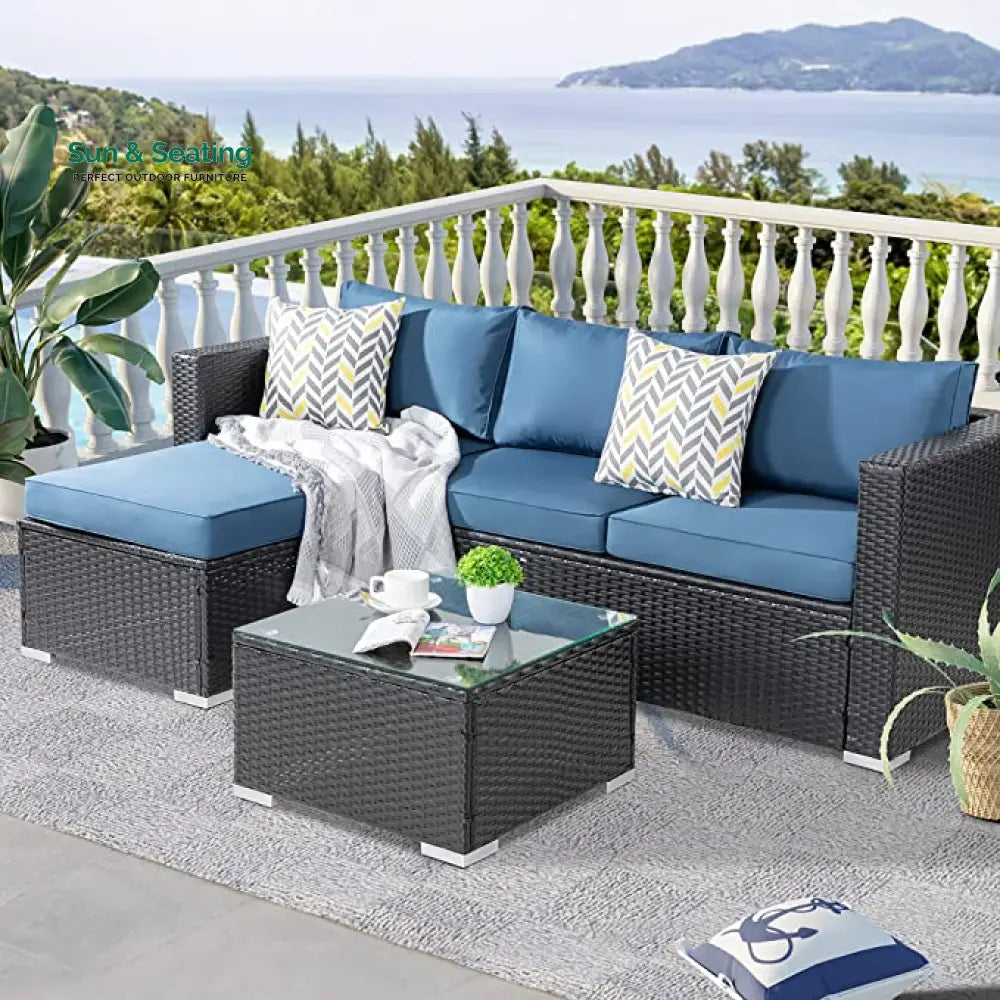 Kelo Outdoor Patio Sofa Set 3 Seater 1 ottoman and 1 Center Table Set (Black + Navy Blue) Sofa Sets