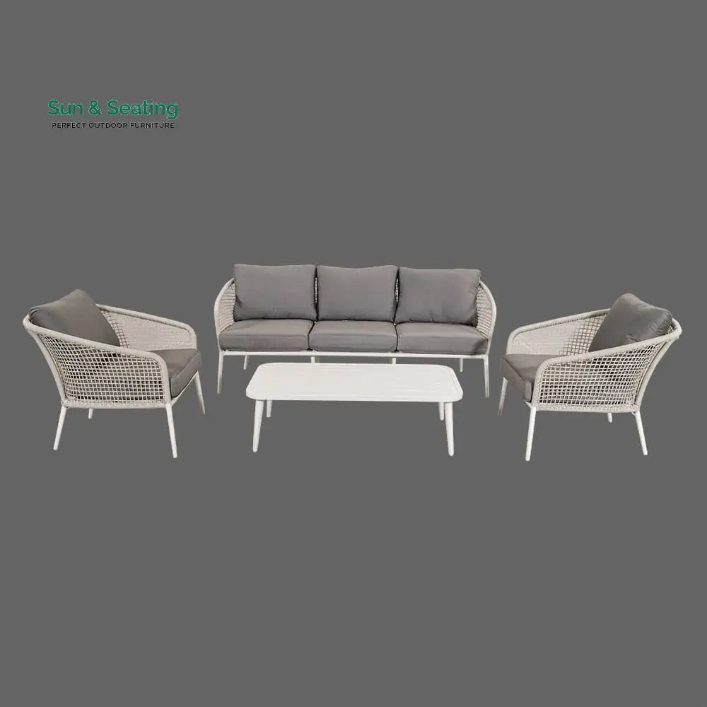 Kemp Outdoor Garden Balcony Sofa Set 3 Seater 2 Single seater and 1 Center Table Set (White + Light Grey) Sofa Sets