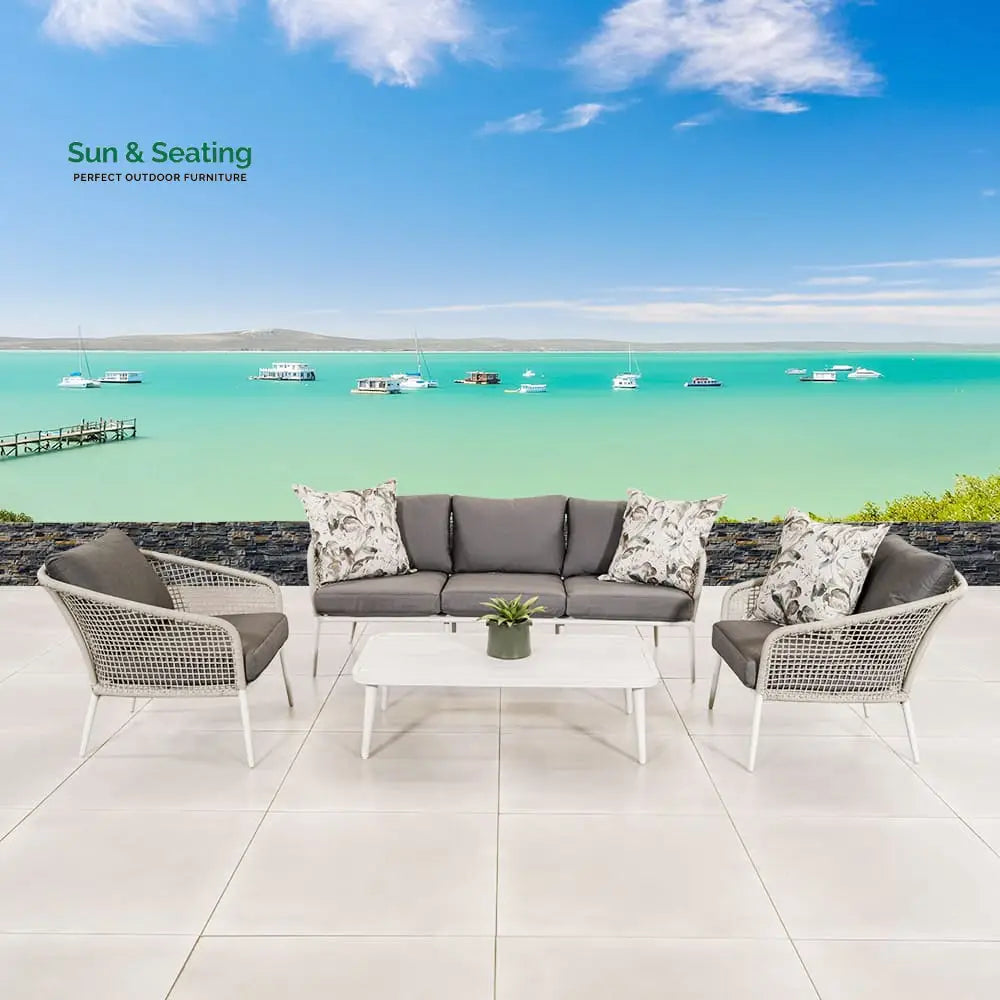 Kemp Outdoor Garden Balcony Sofa Set 3 Seater 2 Single seater and 1 Center Table Set (White + Light Grey) Sofa Sets