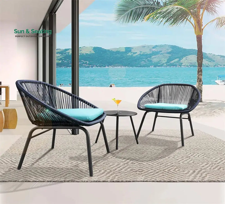 Kiku Outdoor Patio Seating Set 2 Chairs and 1 Table Set (Black + Blue) Coffee Table Sets