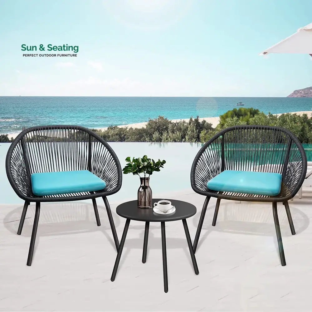Kiku Outdoor Patio Seating Set 2 Chairs and 1 Table Set (Black + Blue) Coffee Table Sets