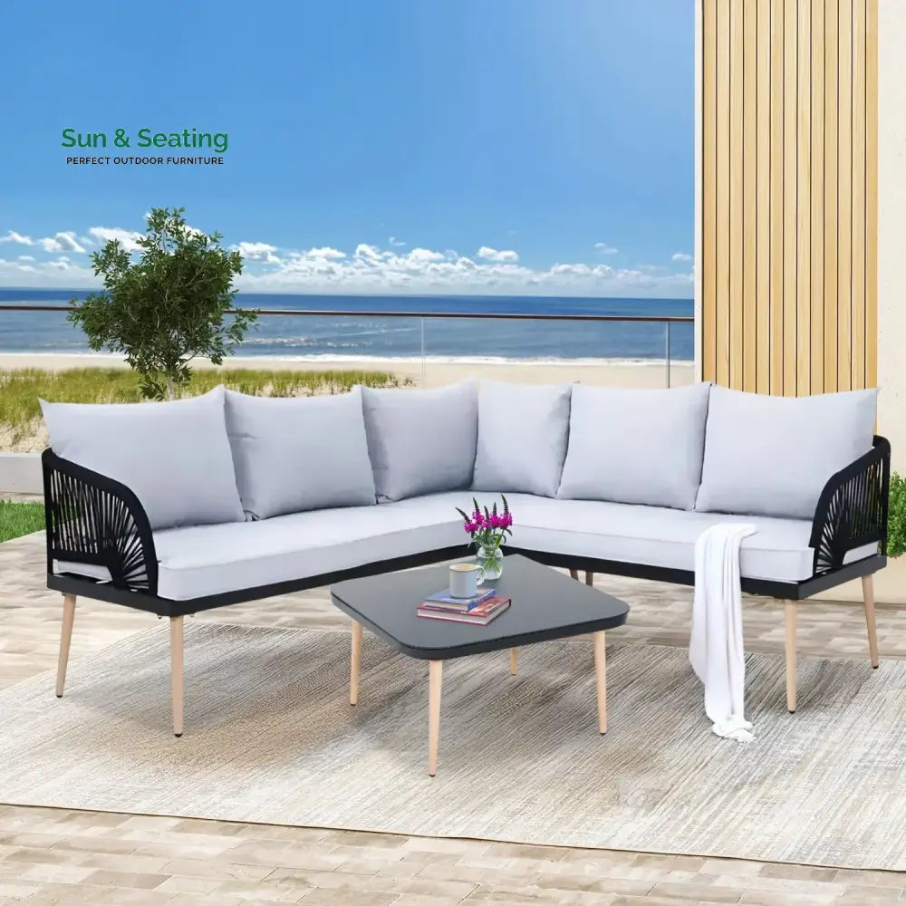 Kinsley L-Shape 5 Seater Outdoor Patio Rope Conversation Set with Table Sofa Set