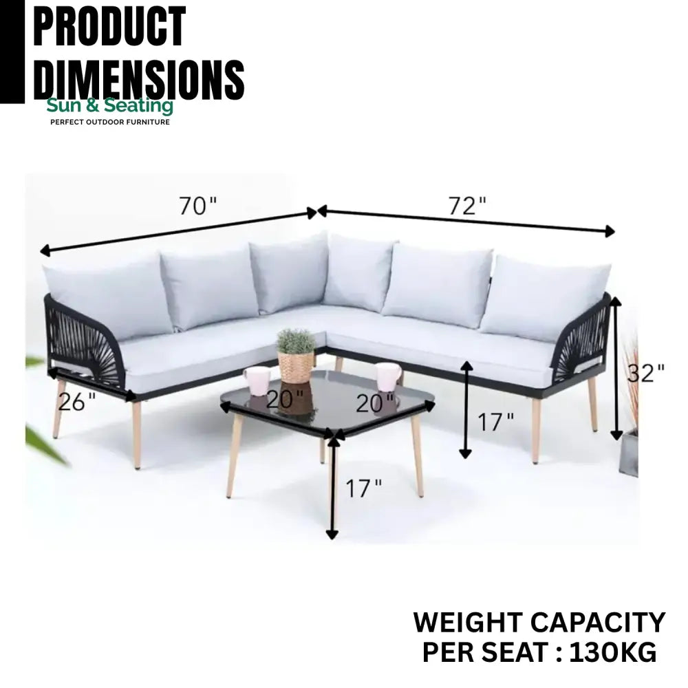 Kinsley L-Shape 5 Seater Outdoor Patio Rope Conversation Set with Table Sofa Set