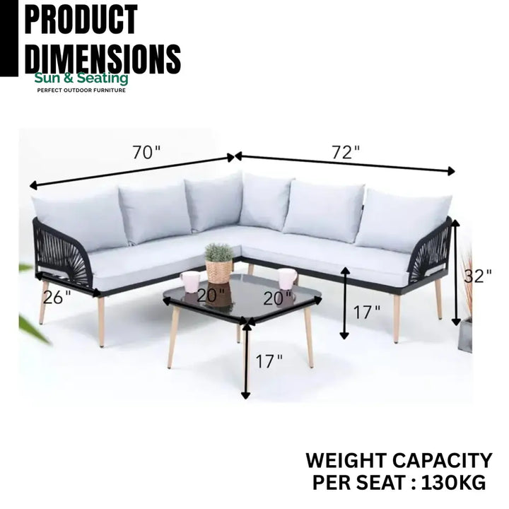 Kinsley L-Shape 5 Seater Outdoor Patio Rope Conversation Set with Table Sofa Set